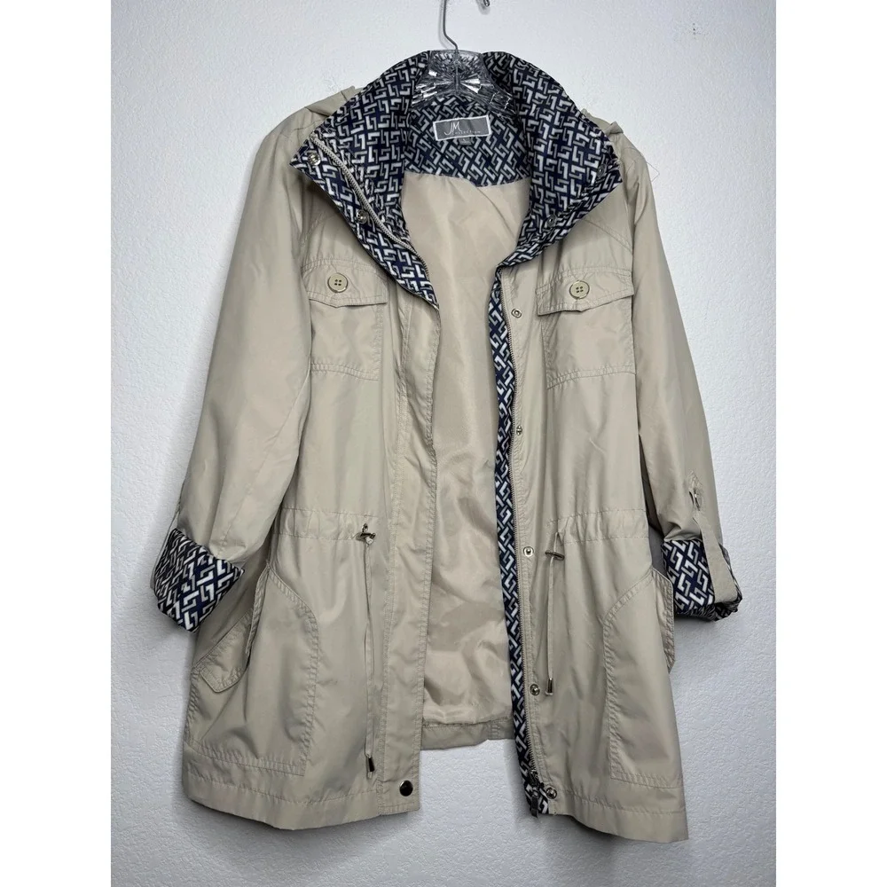 JM Collection Womens Tan Khaki Hooded Utility Rain Jacket Contrast Trim Size‎ L